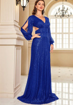 Women long sleeve v-neck fishtail formal party evening dress