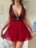Erotic Lingerie Sexy Strap See Through Lace Patchwork Deep V-neck Night Dress