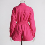 Women Turndown Collar long sleeve solid shirt Top and Casual shorts two-piece set