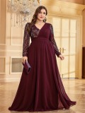 Plus Size Women sequin patchwork formal party fishtail maxi long sleeve evening dress
