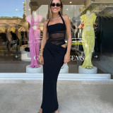 Women summer backless halter neck mesh see-through dress