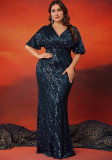 Plus Size Women Gorgeous Sequin V Neck Short Sleeve Dinner Elegant Fishtail Party Evening Dress