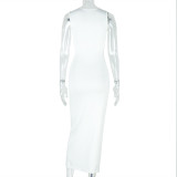 Women Elegant Solid Metal Pleated Bodycon Halter Asymmetric Neck Maxi Dress