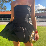 Women spring pleated multi-layer puffy strapless dress