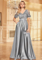 Women sequined short sleeve Formal Party sexy Strapless fishtail dress Maxi evening dress
