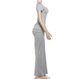 Spring Women Solid Round Neck Short Sleeve Bodysuit Sexy Slit Skirt Two-Piece Set