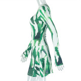 Women Printed Turtleneck Top and Skirt Two-piece Set