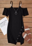 Women Fall and Winter V-neck Short Sleeve Solid Metal Slit Dress