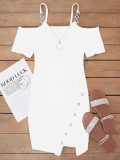 Women Fall and Winter V-neck Short Sleeve Solid Metal Slit Dress