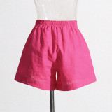 Women Turndown Collar long sleeve solid shirt Top and Casual shorts two-piece set