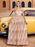 Women V-neck sequin patchwork dinner evening dress