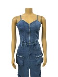 Women’s Fashion Zipper Strap Top Cargo Denim Skirt Set