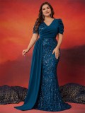 Plus Size Women Elegant Sequin Patchwork V Neck Short Sleeve Evening Dress