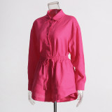 Women Turndown Collar long sleeve solid shirt Top and Casual shorts two-piece set