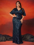 Plus Size Women Gorgeous Sequin V Neck Short Sleeve Dinner Elegant Fishtail Party Evening Dress
