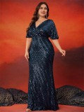 Plus Size Women Gorgeous Sequin V Neck Short Sleeve Dinner Elegant Fishtail Party Evening Dress