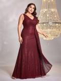 Plus Size Women long sleeve v-neck fishtail formal party evening dress