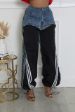 Women’s Streetwear Denim Patchwork Striped Drawstring Pants