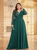 Plus Size Women sequin patchwork formal party fishtail maxi long sleeve evening dress