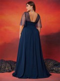Women Beaded Lace Patchwork Chiffon Short Sleeve V Neck Elegant Dinner Ball Evening Dress