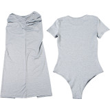 Spring Women Solid Round Neck Short Sleeve Bodysuit Sexy Slit Skirt Two-Piece Set