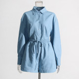 Women Turndown Collar long sleeve solid shirt Top and Casual shorts two-piece set