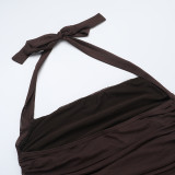 Women summer backless halter neck mesh see-through dress