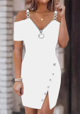 Women Fall and Winter V-neck Short Sleeve Solid Metal Slit Dress