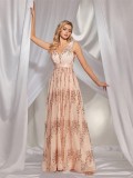 Women V-neck sequin patchwork dinner evening dress