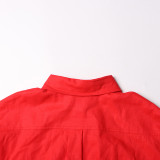 Women Turndown Collar long sleeve solid shirt Top and Casual shorts two-piece set