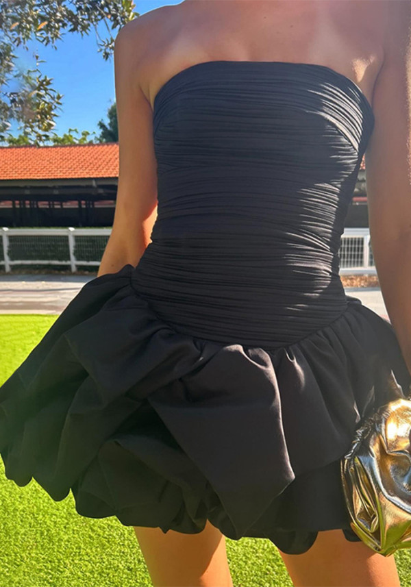 Women spring pleated multi-layer puffy strapless dress