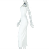 Women Elegant Solid Metal Pleated Bodycon Halter Asymmetric Neck Maxi Dress