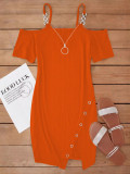 Women Fall and Winter V-neck Short Sleeve Solid Metal Slit Dress