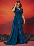Plus Size Women Elegant Sequin Patchwork V Neck Short Sleeve Evening Dress