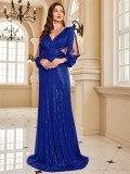 Women long sleeve v-neck fishtail formal party evening dress