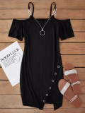 Women Fall and Winter V-neck Short Sleeve Solid Metal Slit Dress