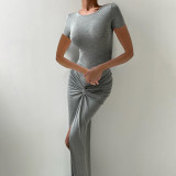 Spring Women Solid Round Neck Short Sleeve Bodysuit Sexy Slit Skirt Two-Piece Set