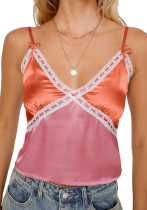 Women summer sexy ribbon patchwork V neck contrast patchwork suspender top