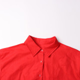 Women Turndown Collar long sleeve solid shirt Top and Casual shorts two-piece set