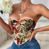 Women street retro flower print herringbone lace lace French herringbone Top