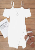 Women Fall and Winter V-neck Short Sleeve Solid Metal Slit Dress