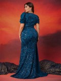 Plus Size Women Elegant Sequin Patchwork V Neck Short Sleeve Evening Dress