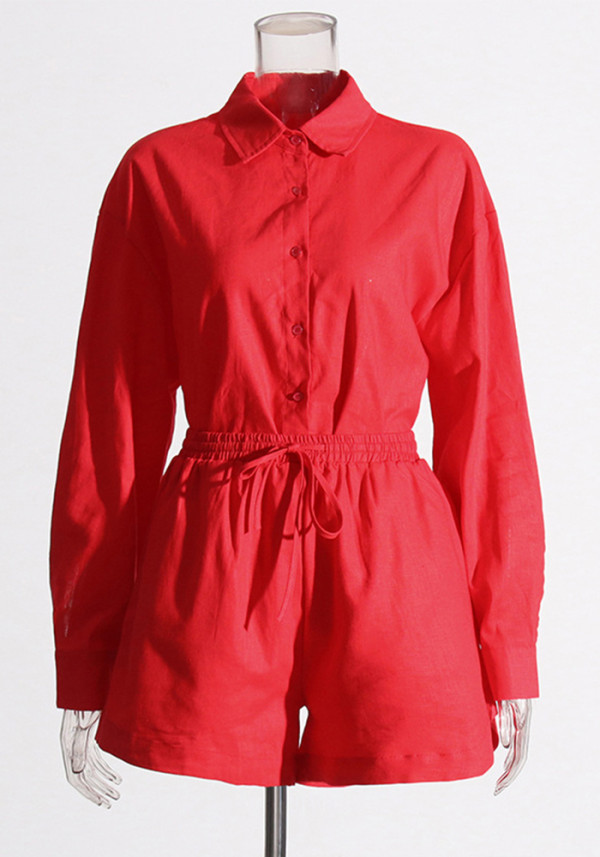 Women Turndown Collar long sleeve solid shirt Top and Casual shorts two-piece set