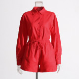 Women Turndown Collar long sleeve solid shirt Top and Casual shorts two-piece set