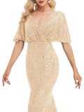 Women short sleeve v-neck fishtail formal party evening dress