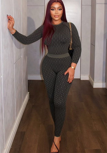 Women Casual Printed Round Neck Long Sleeve Jumpsuit