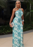 Women Elegant Backless Halter Neck Printed Maxi Bodycon Dress