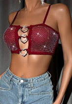 Women Heart Print diamond button hollow backless strap Beaded Top