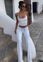 Spring Women Style Beaded Halter Neck Suspender Tank Top Contrast Color Pants Two-Piece Set