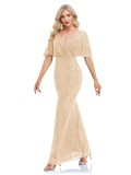 Women short sleeve v-neck fishtail formal party evening dress